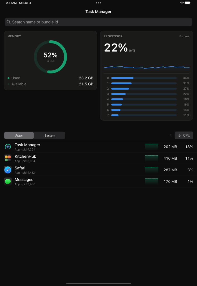 Task Manager overview screen with memory, CPU, and process list