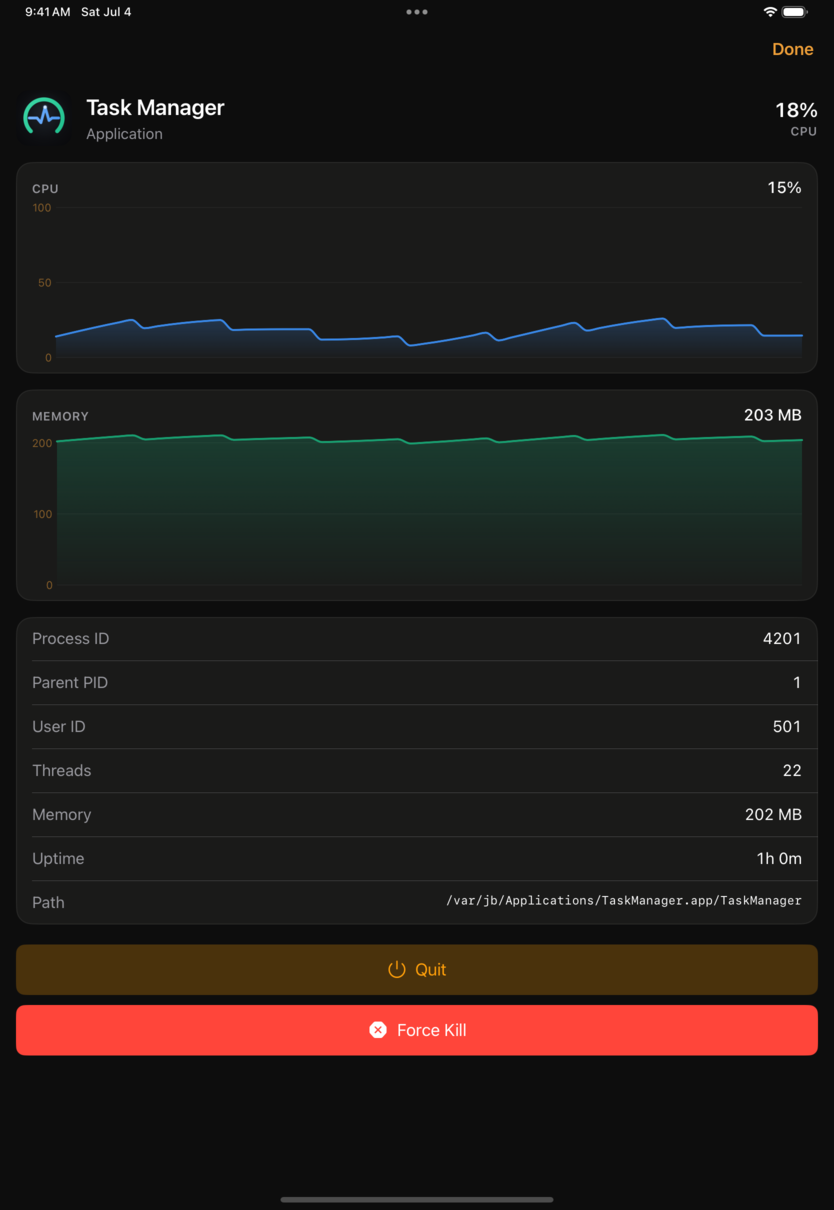 Task Manager process detail screen with CPU and memory charts