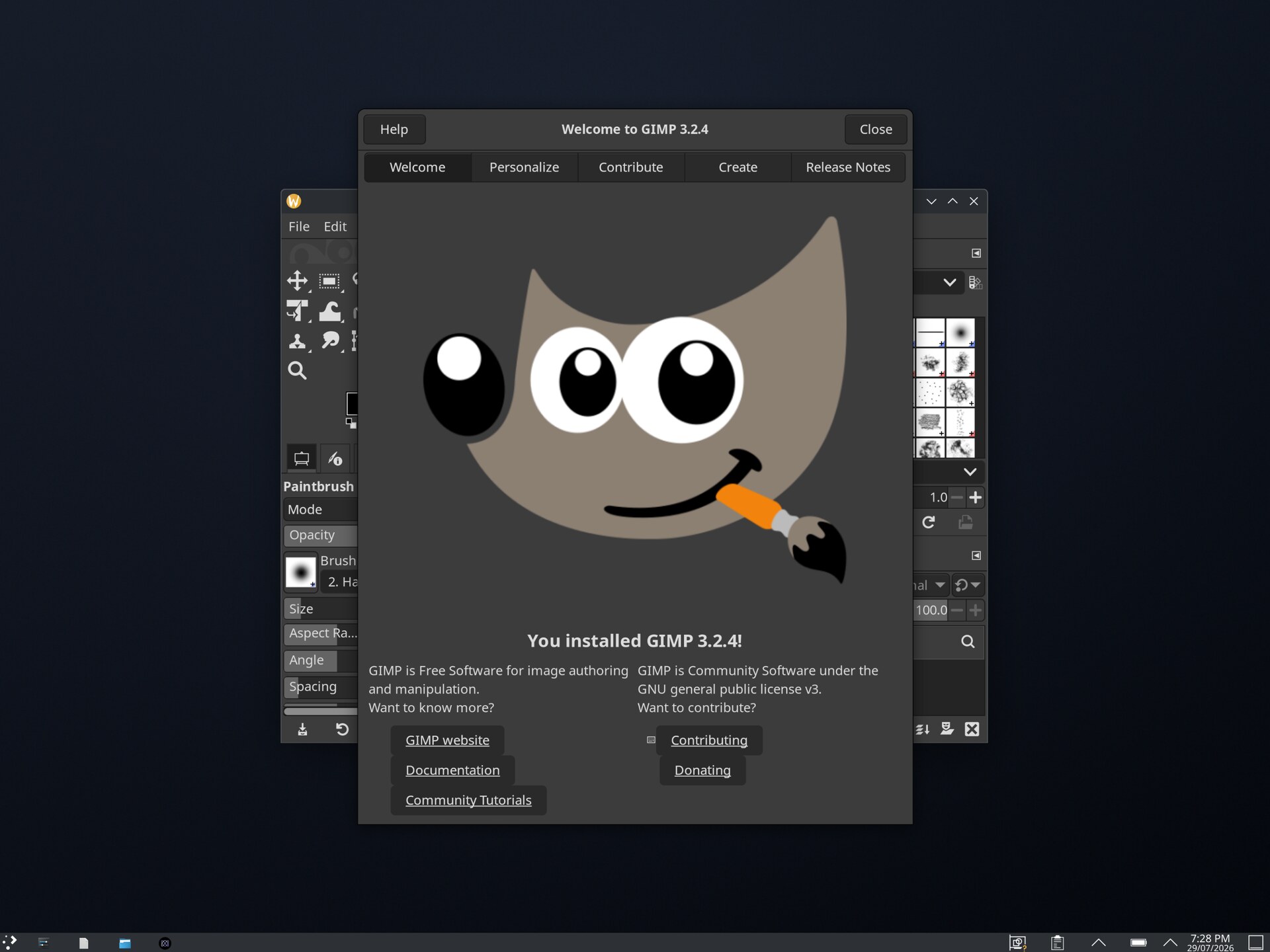 GIMP 3.2.4 running in a xiOS desktop on a jailbroken iPad, with the welcome screen, toolbox, brushes, and layers dock visible.