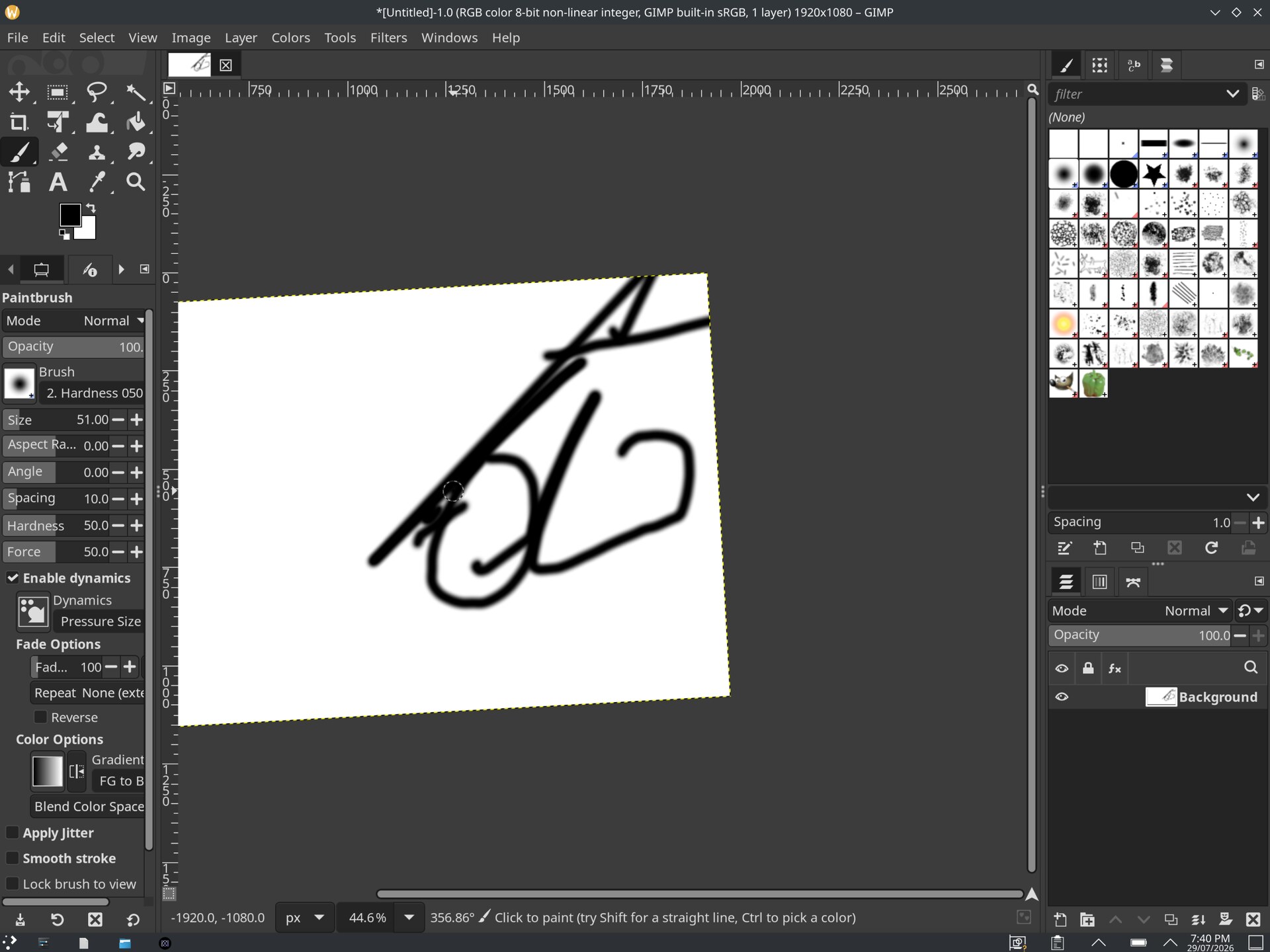 GIMP running locally on a jailbroken iPad with a drawing open and the standard toolbox, brushes, and layers panels.