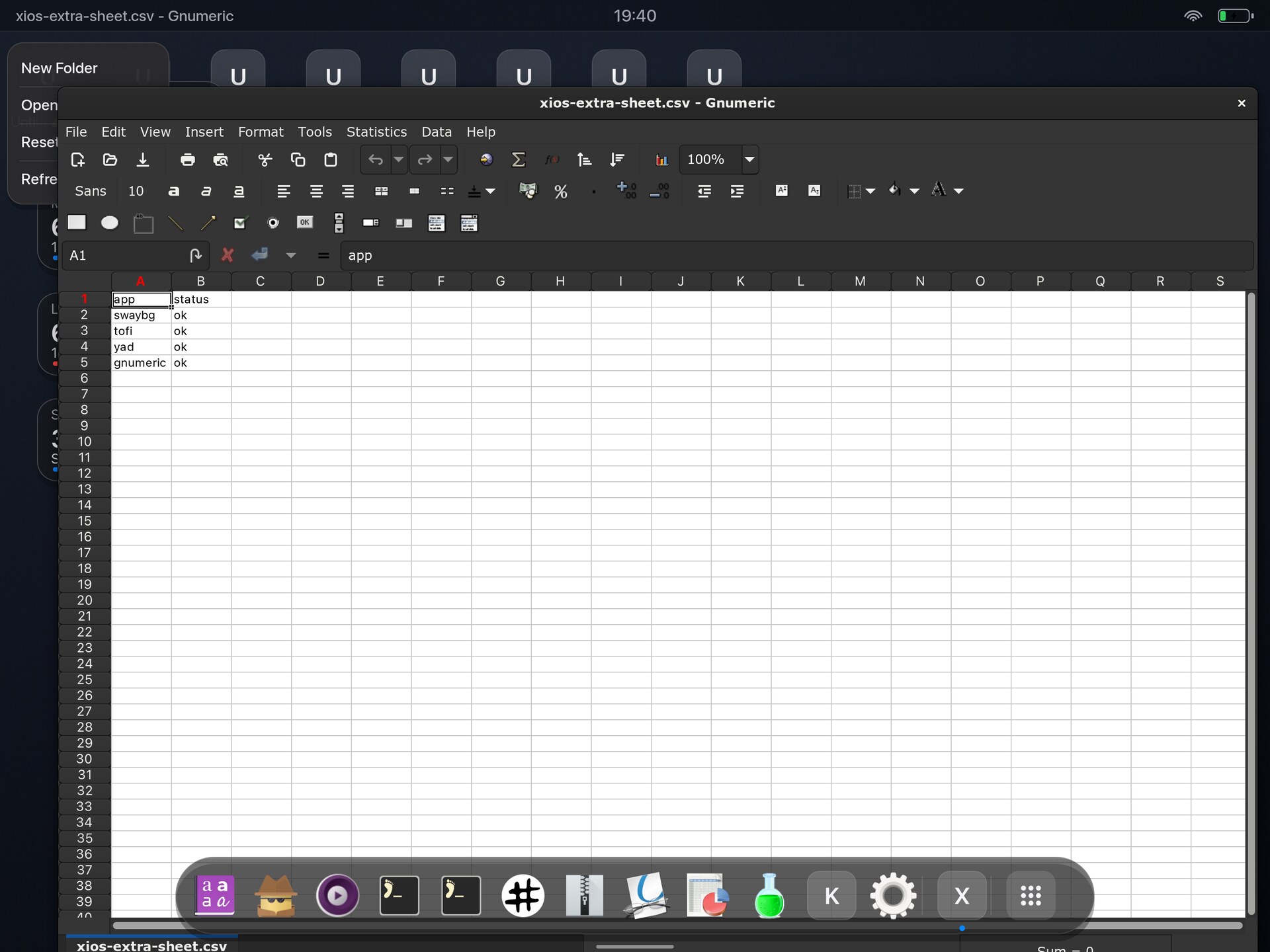 Gnumeric running in a xiOS desktop session on a jailbroken iPad, showing a worksheet with test data and the desktop dock.