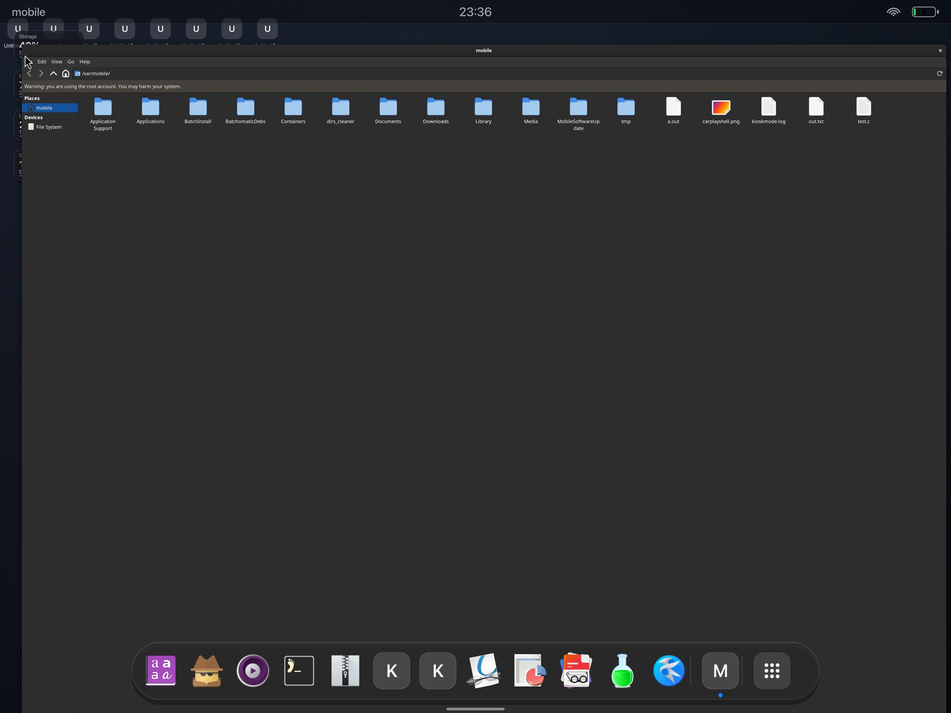 Thunar running in an individual xiOS host window on a jailbroken iPad, showing the mobile home directory above the iPad dock.