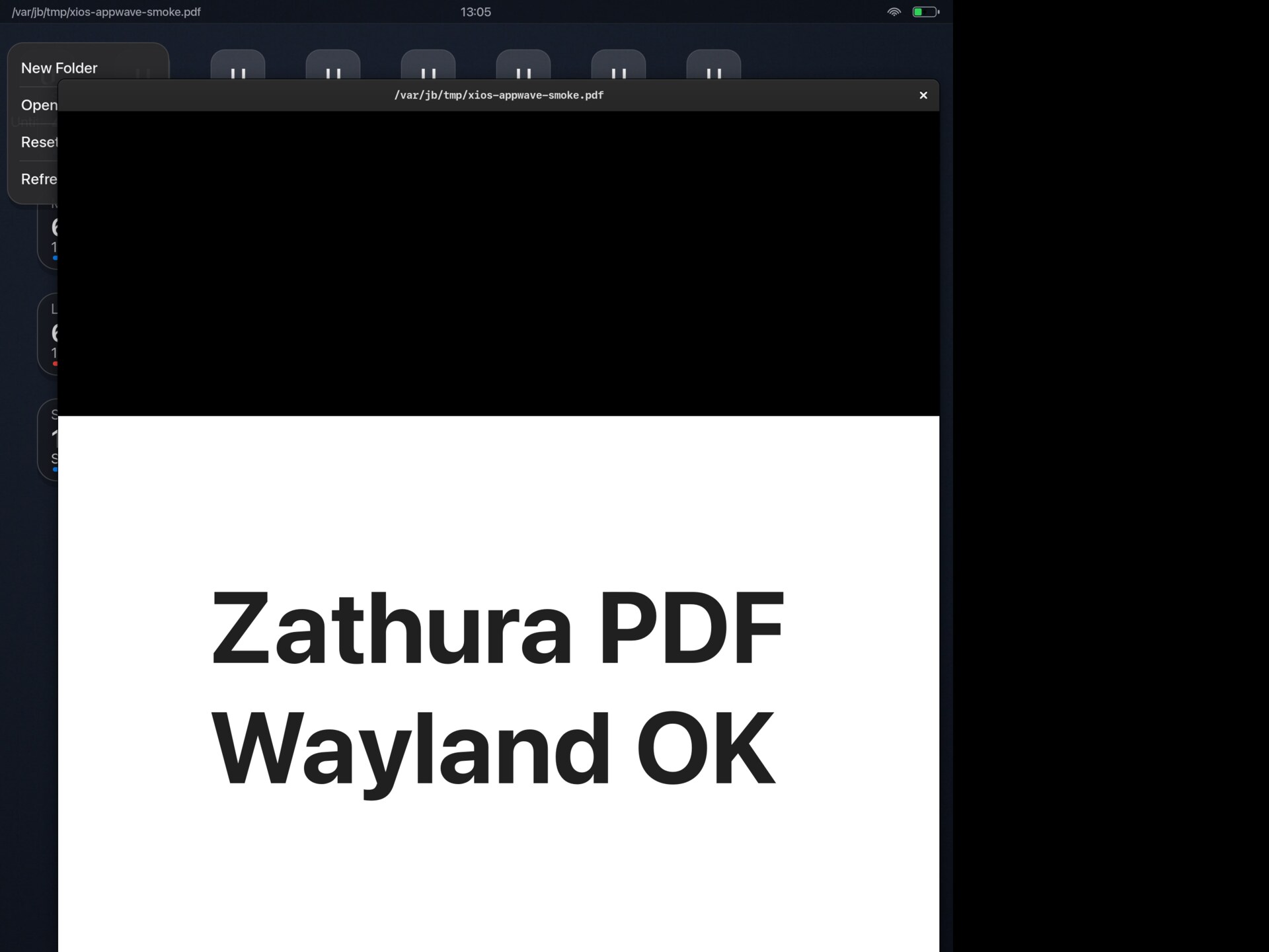 Zathura displaying a PDF test document in a xiOS Wayland desktop on a jailbroken iPad.